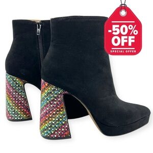 Betsey Johnson Ankle Boots Raylan Black Faux Suede Rhinestones Mutlicolor